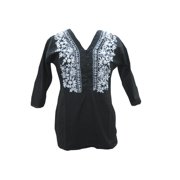 Mogul Womens Tunic White Embroidered Cotton Black Top Blouse Shirt