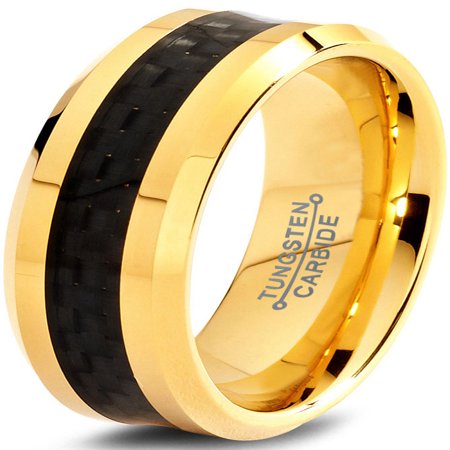 - Tungsten Wedding Band Ring 8mm for Men Women Comfort Fit 18K Yellow Gold Plated Black Carbon Fiber Beveled Edge Polished Lifetime Guarantee