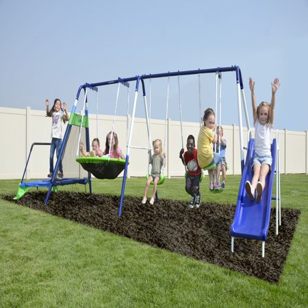 Sportspower Mountain View Metal Swing Set with Glide Ride, Saucer, Trampoline, and 6ft Heavy Duty