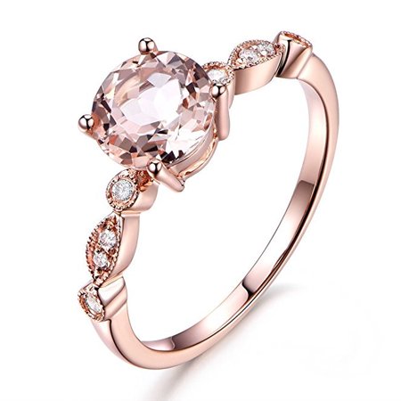 Antique Gemstone Engagement Rings - Antique Design 1.25 Carat Peach Pink Morganite (Round Shaped) and Diamond Engagement Ring in 10k Rose Gold Jewelry