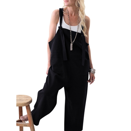 Women Loose Cotton Linen Jumpsuit Dungarees Playsuit Straps Overalls Trousers Ladies Sleeveless Baggy Pockets Long Pants