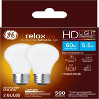 GE LED 5.5W HD Relax Soft White A15 Ceiling Fan, Frosted Finish, Medium Base, Dimmable, 2pk Light Bulbs
