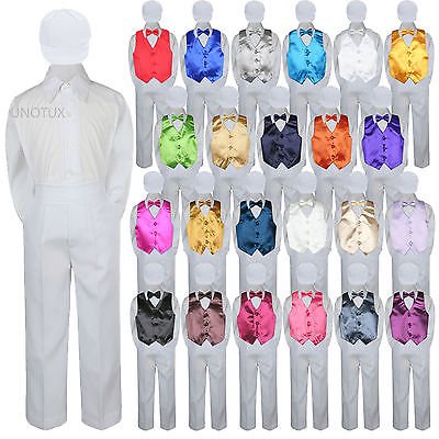 23 Color 5 pc Set Vest Bow Tie Boys Baby Toddler Formal Suit White Hat Pants S-7