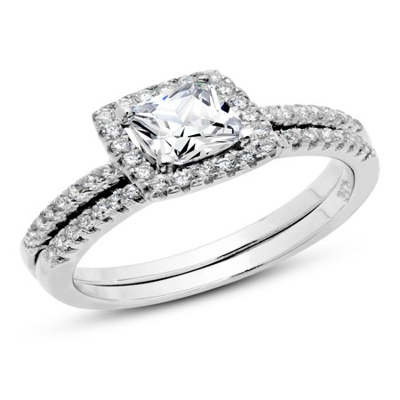 Cubic Zirconia Silver Wedding Ring - 925 Sterling Silver Cushion Cubic Zirconia CZ 2Pc Halo Wedding Engagement Ring Set Sz 7