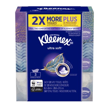 Kleenex Ultra Soft, Non-Lotion, 120 Facial Tissues per Box, 3 Flat ...