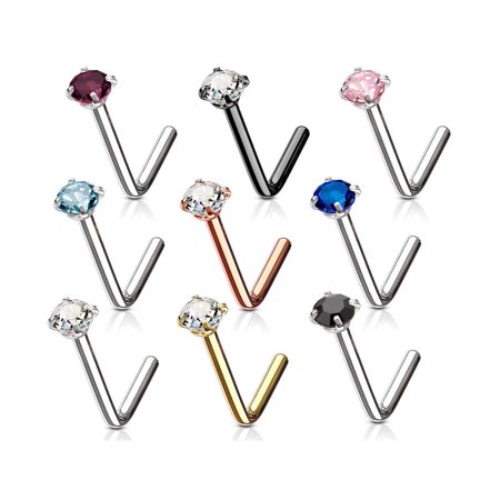 18g Bezel Set - L Shape Nose Ring Surgical Steel Body Piercing 3mm Set CZ Gem 20G 18G