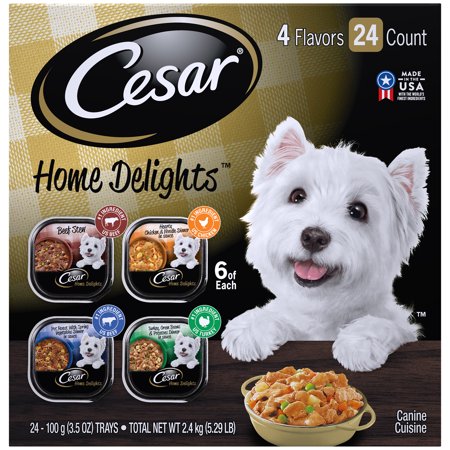 CESAR HOME DELIGHTS Wet Dog Food Pot Roast & Vegetable, Beef Stew, Turkey Potato & Green Bean, & Hearth Chicken & Noodle Variety Pack, (24) 3.5 oz. (Best Food To Feed Dogs)