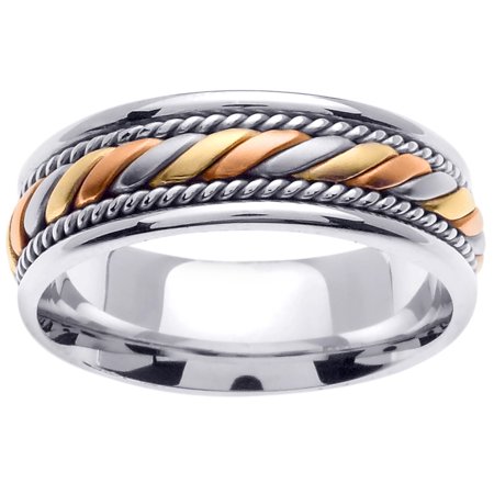 - 18K Tri Color Gold Coil Braid Handmade Comfort Fit Women's Wedding Band (7mm)
