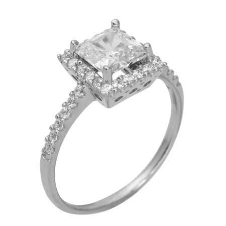 Princess Cut Pave Set - 1.75 Ct 14K Real White Gold Square Princess Cut with Round Pave Set Side Stones Illusion Halo Setting Engagement Wedding Propose Promise Ring