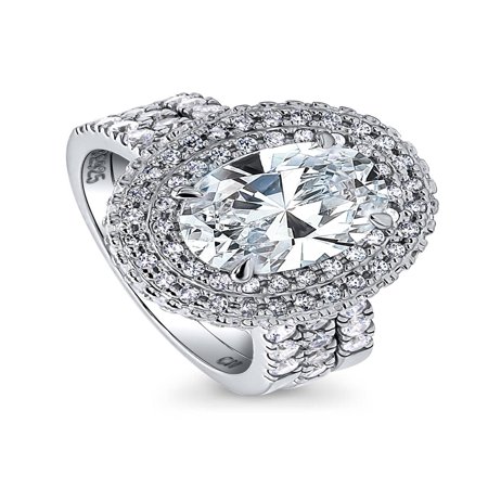 BERRICLE Rhodium Plated Sterling Silver Oval Cut Cubic Zirconia CZ Halo Engagement Ring Set Size 6.5