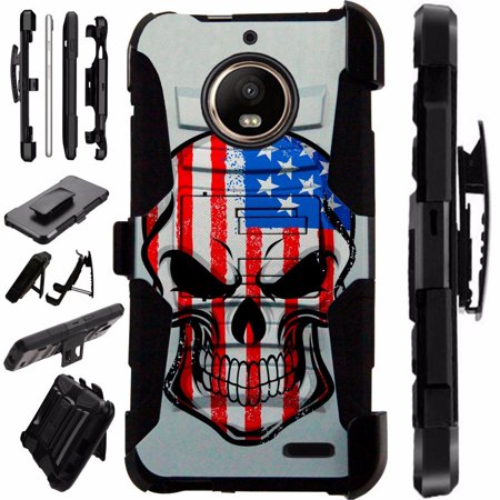 Skull Silicone Case (For Motorola Moto E4 Case / Moto E 4 Case Armor Hybrid Case Silicone Cover Kick Stand LuxGuard Holster (US)