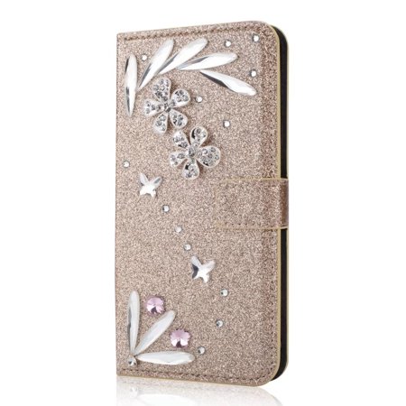 Samsung Flip Models For Samsung Galaxy S8 Diamond Feather Glitter Leather Magnetic Flip Wallet Case Cover, Gold ()