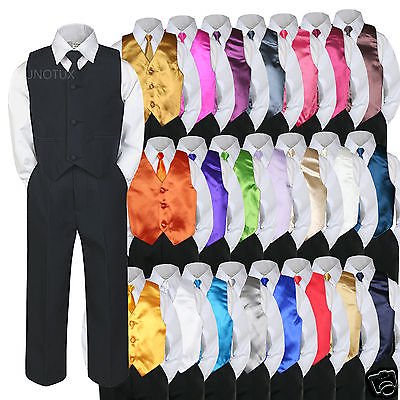 - 6pc Formal Baby Boy Toddler Black Vest Necktie Suit w/ Extra Color Vest Set S-7