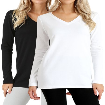 Women Casual Basic Cotton Loose Fit V-Neck Long Sleeve T-Shirt