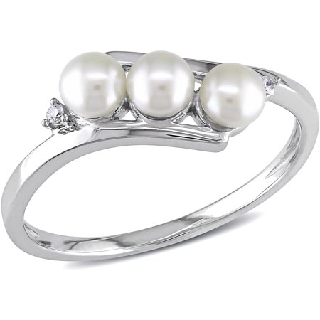 - 3.5-4mm White Cultured Freshwater Pearl and Diamond-Accent 10kt White Gold Bypass Ring