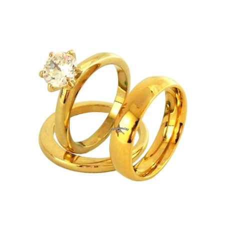 His Hers Couple Solitaire CZ 14K Gold Plated Wedding Ring set Mens Gold Band- Size