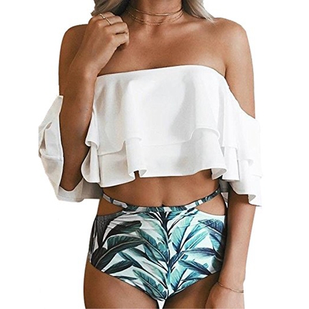SAYFUT Women Two Piece Swimsuit Set Off Shoulder Ruffled Flounce Crop Bikini Top with Floral Print Cut Out