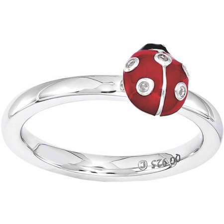 Black White Enamel Rhodium Ring - Sterling Silver Red & Black Enamel w/Diamond Ring