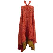 Mogul Women Magic Wrap Skirt Red Bandini  Print Silk Sari Two Layer Reversible Beach Dress