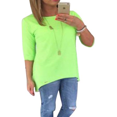 3/4 Sleeve Petite Blouse - Women 3/4 Long Sleeve Tops Loose Trim Solid Color Round Neck Plus Size T-Shirt Blouse