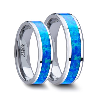 - Matching Rings Set Tungsten Wedding Band With Blue Green Opal Inlay