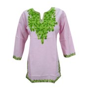 Mogul Women's Green Embroidered Indian Ethnic Pink Tunic Top Blouse S