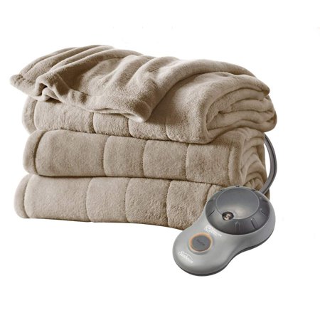 Sunbeam Electric Heated Microplush Channeled Blanket, Queen Gray