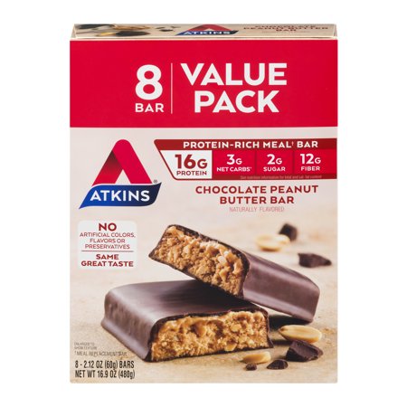 Atkins Chocolate Peanut Butter Bar, 2.1oz, 8-pack (Meal Replacement ...