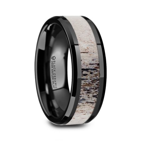 - Tres Beveled Black Ceramic Polished Mens Wedding Band With Ombre Antler Inlay