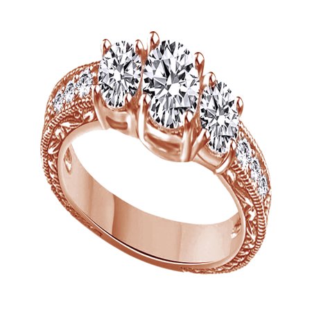 3 Stone Flowers Ring - White Cubic Zirconia Vintage Style Three Stone Promise Ring In 14k Rose Gold Over Sterling Silver