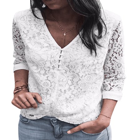 - STARVNC Women Two Side Wear 3/4 Sleeve V Neck Hollow Lace Splice Blouse