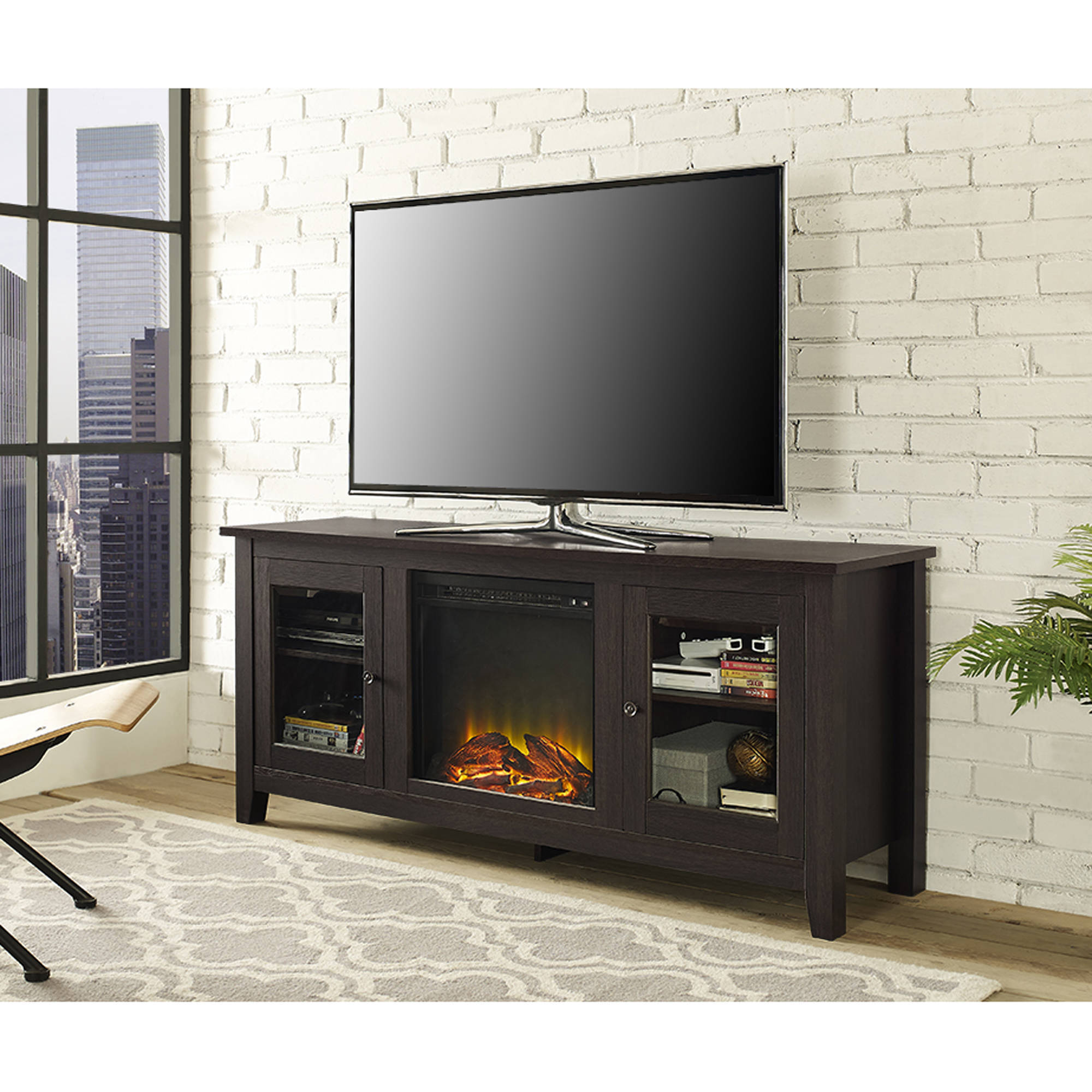 Wood TV Stand with Fireplace, for TVs up to 60'', Multiple Finishes