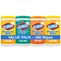 Clorox Disinfecting Wipes (300 ct Value Pack), Bleach Free Cleaning Wipes - 4 Pack - 75 ct Each