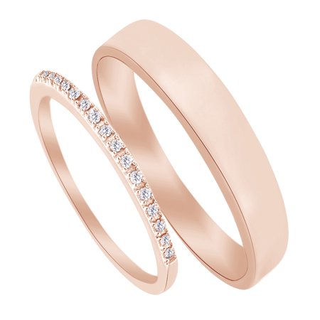 14k Diamond Cut Baseball - Round Cut White Natural Diamond His and Hers Wedding Band Set in 14K Rose Gold (0.1 Cttw)