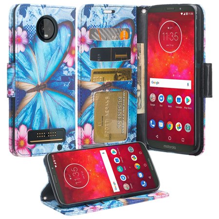 Motorola Moto Z3 Play Case, Cute Girls Women Leather Wallet Case with ID Slot & Kickstand Phone Case for Motorola Moto Z3 Play - Blue