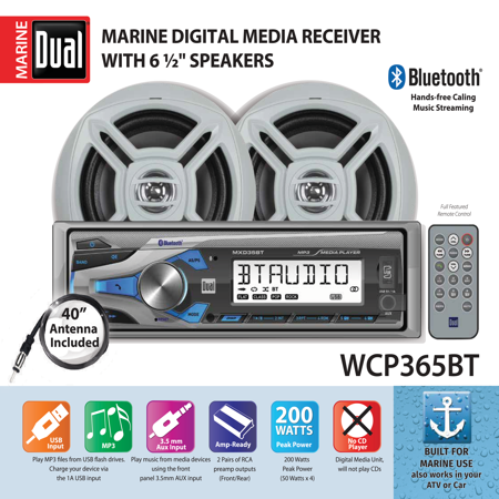 - Dual Electronics WCP365BT Marine Stereo LCD Single DIN with Built-In Bluetooth, USB Port, Two 6.5 inch Dual Cone Marine Speakers & Long Range Marine Antenna