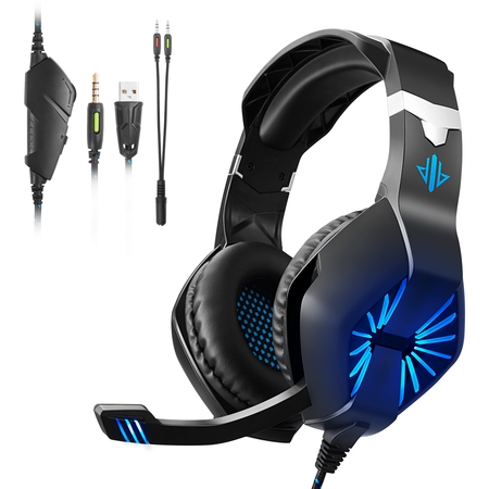 Gaming Headset with Mic for Xbox One, PS4, Nintendo Switch and PC, Surround Sound Over-Ear Gaming Headphones with Noise Cancelling Mic, LED Lights, Volume Control for Smart Phone, Laptops,Mac, (Best Noise Cancelling Headset For Call Center)
