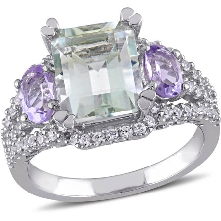 French Ring Sport (Tangelo 4-5/8 Carat T.G.W. Green Amethyst, Rose de France and White Sapphire Sterling Silver Three Stone Cocktail)