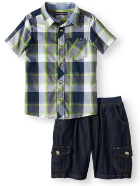 Short Sleeve Plaid Button Up Top with Twill Short, 2-Piece Set (Little Boys)