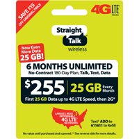 Straight Talk $255 Unlimited 6-Month/180-Day Plan (with up to 25GB of data at high speeds, then 2G*) (Email Delivery)