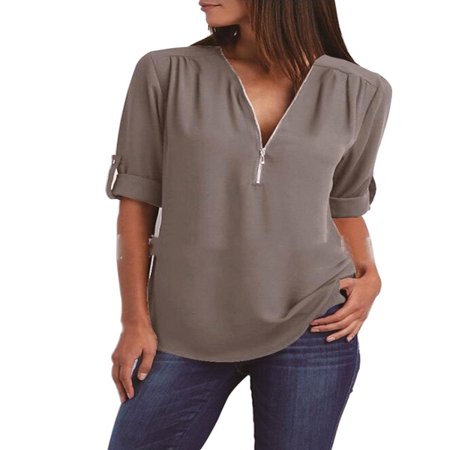 Loose Long Sleeve Top - Tommyfit Women V-Neck Zipper Chiffon Loose Shirt Long Sleeve Plus Size Blouse Tops