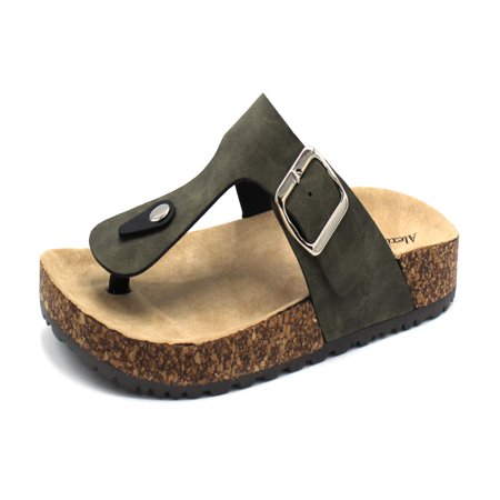 Double Ring Sandal - 1Kylie-15 Women Double Buckle Straps Sandals Flip Flop Platform Footbed Sandals Olive 6