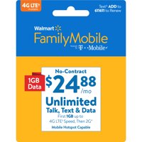 Walmart Family Mobile $24.88 Unlimited Monthly Plan (with up to 1GB at high speed, then 2G*) w Mobile Hotspot Capable (Email Delivery)