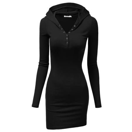 Doublju Women's Henley Neck Knit Stretchable Elasticity Long Sleeve Slim Fit Hoodie Dress BLACK 2XL Plus (Best Long Sleeve Dresses)