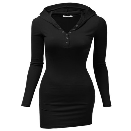 Doublju Women's Henley Neck Knit Stretchable Elasticity Long Sleeve Slim Fit Hoodie Dress BLACK 2XL Plus (Best Long Sleeve Dresses)