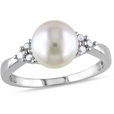 - 8-8.5mm White Round Cultured Freshwater Pearl and 1/8 Carat T.W. Diamond Sterling Silver Cocktail Ring