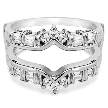 Tiffany Style Zirconia Ring Cubic Zirconia Mounted In Sterling Silver Classic Chevron Style Ring Guard (0.7ctw) ()