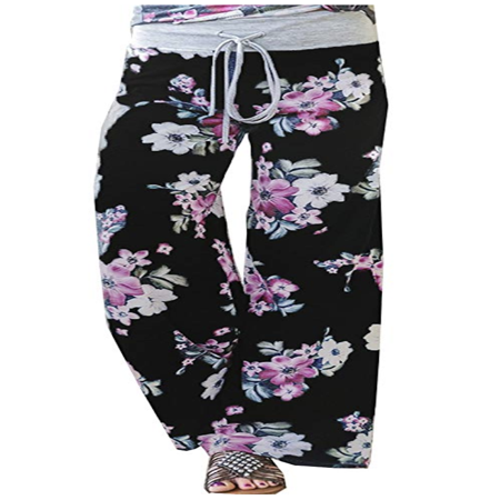 Women's Summer Casual Pajama Pants Floral Print Drawstring Palazzo Lounge Pants Wide Leg Black, (Best Summer Motorcycle Pants)