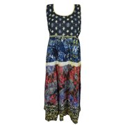 Mogul Womens Blue Printed Sundress Flare Sleeveless Boho Chic Beach Resort Dresses