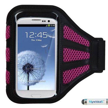 Samsung Galaxy 3 Armband Premium Sport Armband Case for Samsung Galaxy S7, Express 3, Express Prime, Amp 2, Amp Prime, J3 (2016), A3 (2016), A5 - Black (with Hot Pink Mess Ports) + Mini Stylus ()